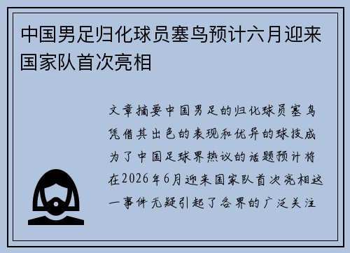 中国男足归化球员塞鸟预计六月迎来国家队首次亮相